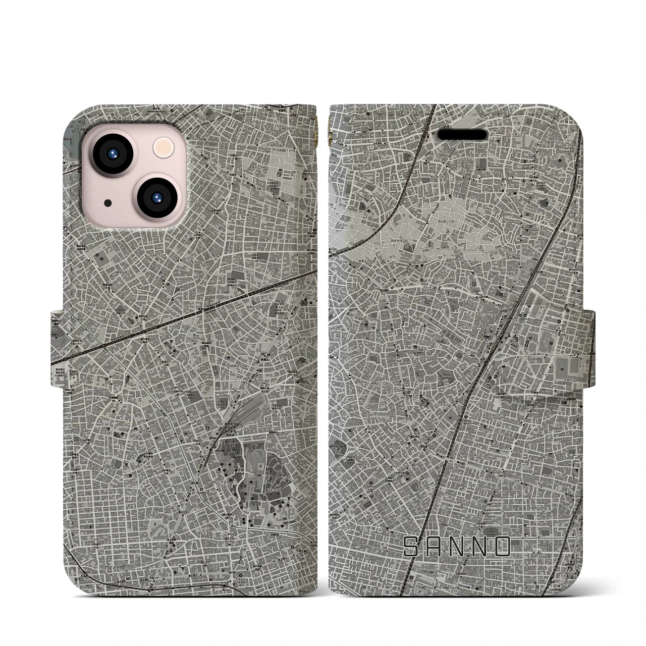 【山王(東京都)】地図柄iPhoneケース(手帳タイプ)モノトーン・iPhone 13 mini 用