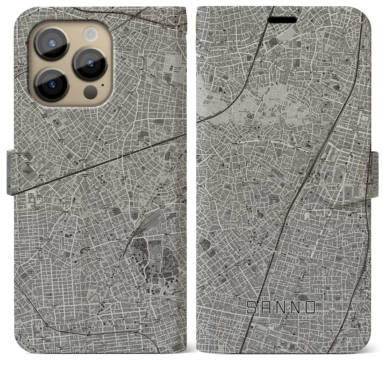 【山王(東京都)】地図柄iPhoneケース(手帳タイプ)モノトーン・iPhone 14 Pro Max 用