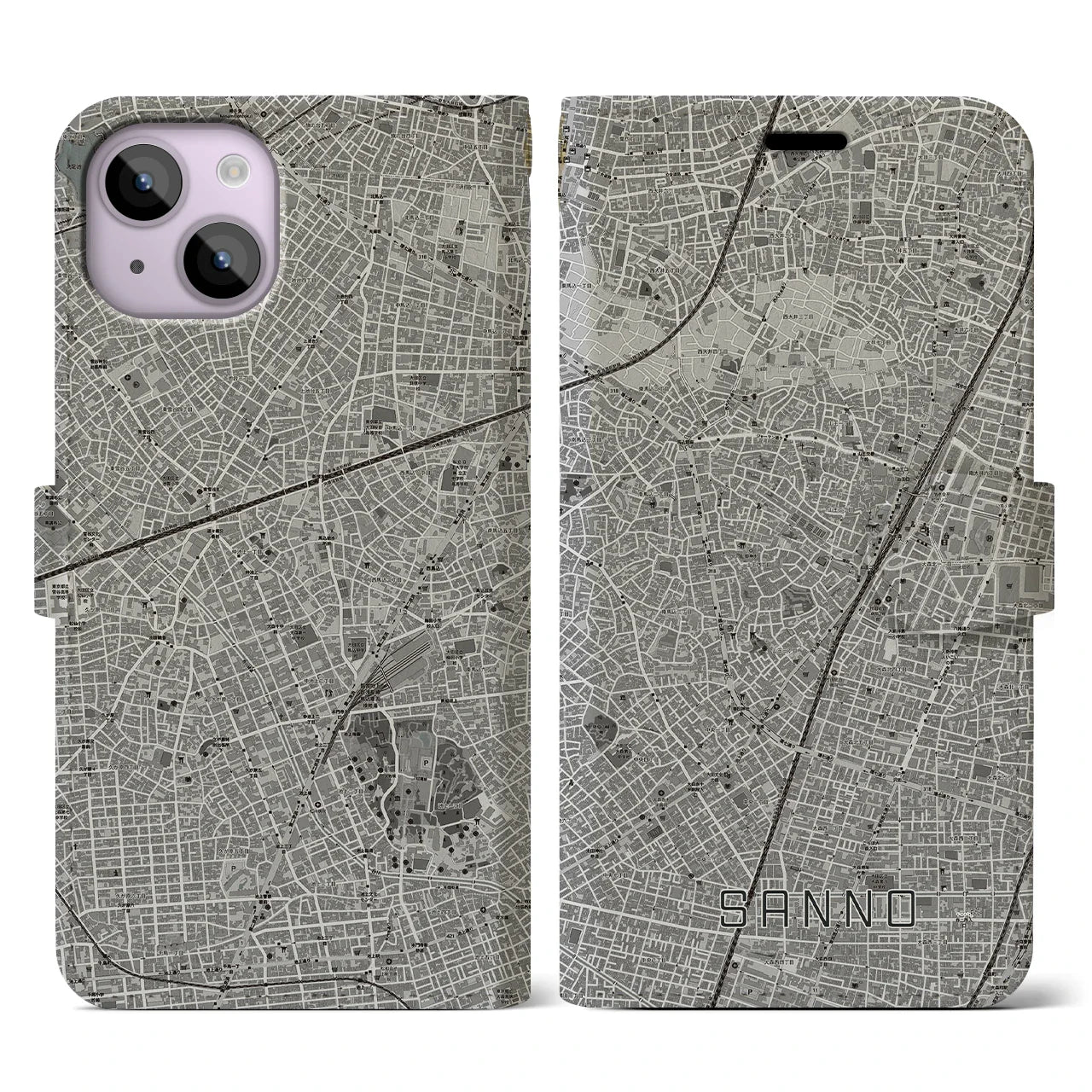 【山王(東京都)】地図柄iPhoneケース(手帳タイプ)モノトーン・iPhone 14 用