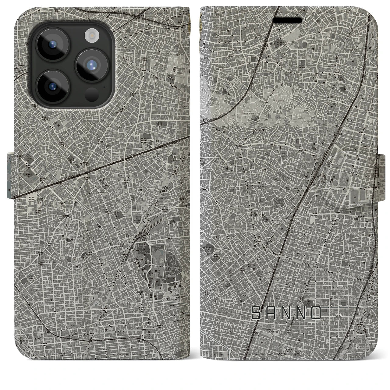 【山王(東京都)】地図柄iPhoneケース(手帳タイプ)モノトーン・iPhone 15 Pro Max 用