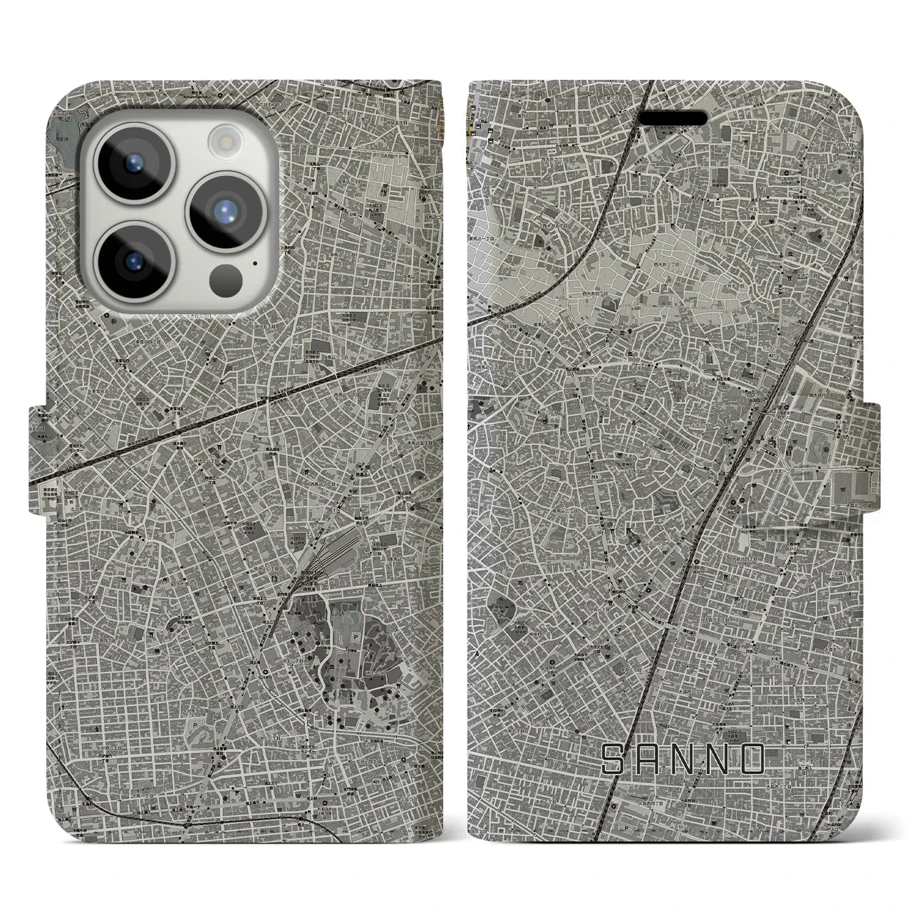 【山王(東京都)】地図柄iPhoneケース(手帳タイプ)モノトーン・iPhone 15 Pro 用