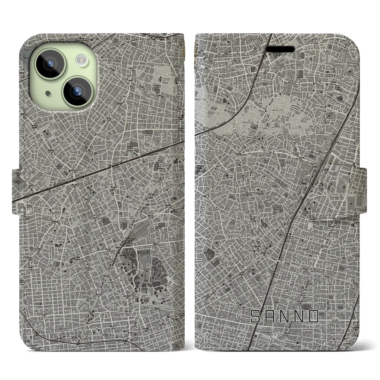 【山王(東京都)】地図柄iPhoneケース(手帳タイプ)モノトーン・iPhone 15 用