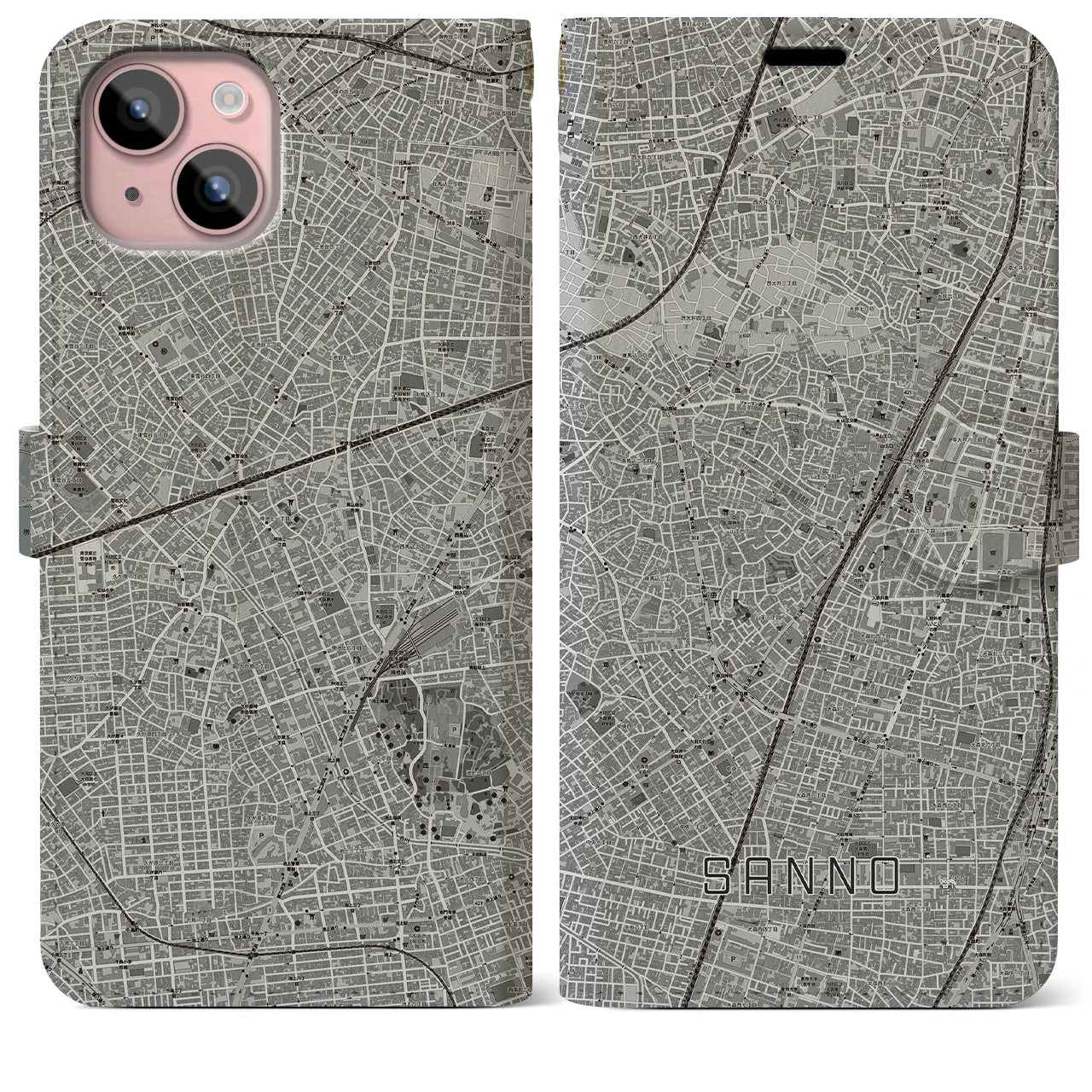 【山王(東京都)】地図柄iPhoneケース(手帳タイプ)モノトーン・iPhone 15 Plus 用