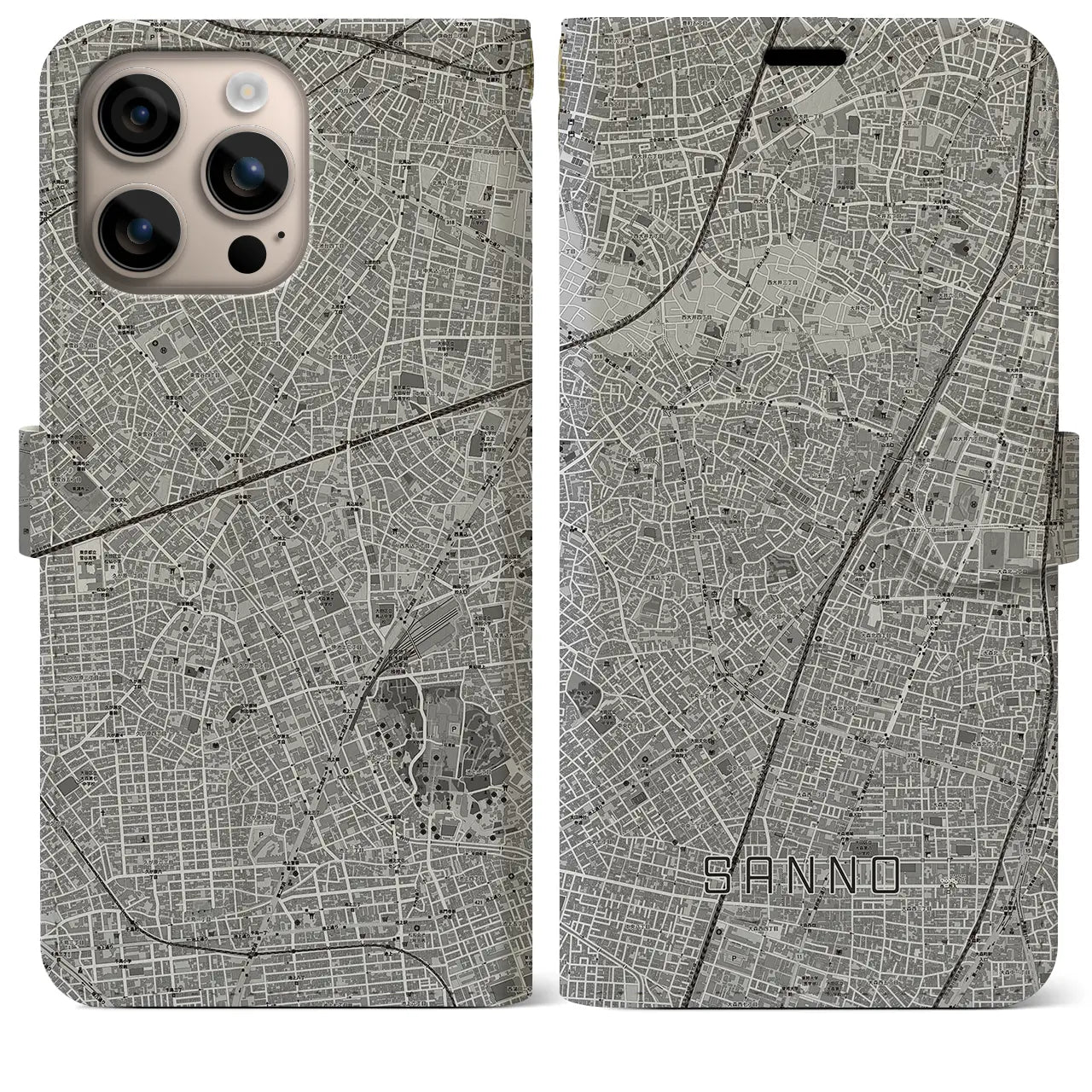 【山王(東京都)】地図柄iPhoneケース(手帳タイプ)モノトーン・iPhone 16 Plus 用