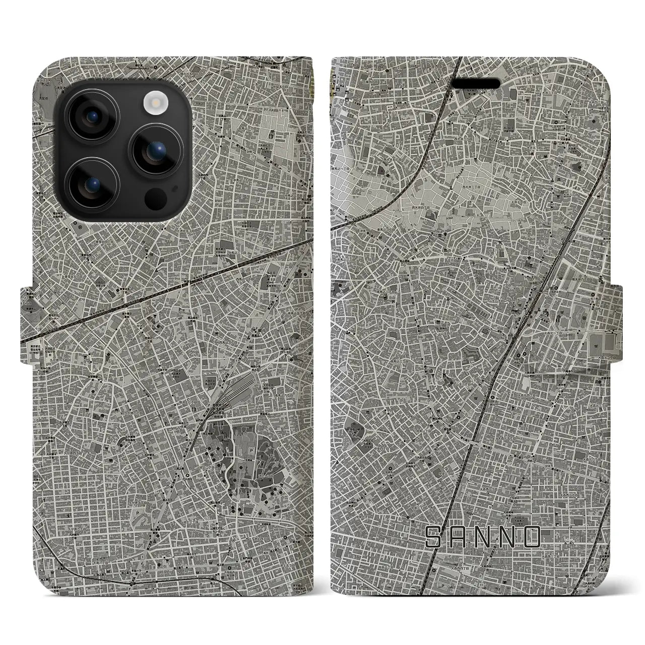 【山王(東京都)】地図柄iPhoneケース(手帳タイプ)モノトーン・iPhone 16 用