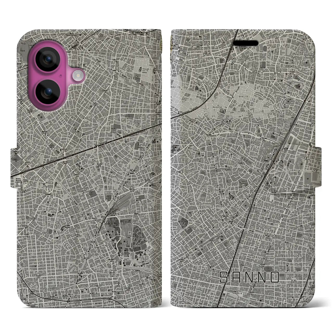 【山王(東京都)】地図柄iPhoneケース(手帳タイプ)モノトーン・iPhone 16 Pro 用