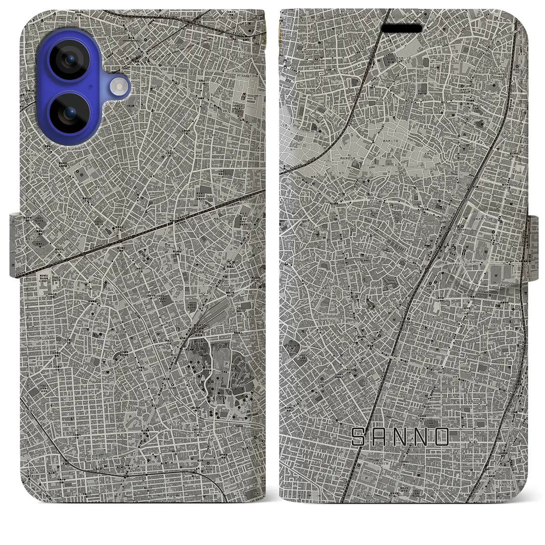 【山王(東京都)】地図柄iPhoneケース(手帳タイプ)モノトーン・iPhone 16 Pro Max 用