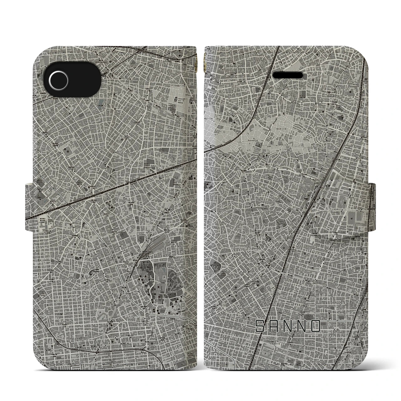 【山王(東京都)】地図柄iPhoneケース(手帳タイプ)モノトーン・iPhone SE(第3 / 第2世代) / 8 / 7 / 6s / 6 用