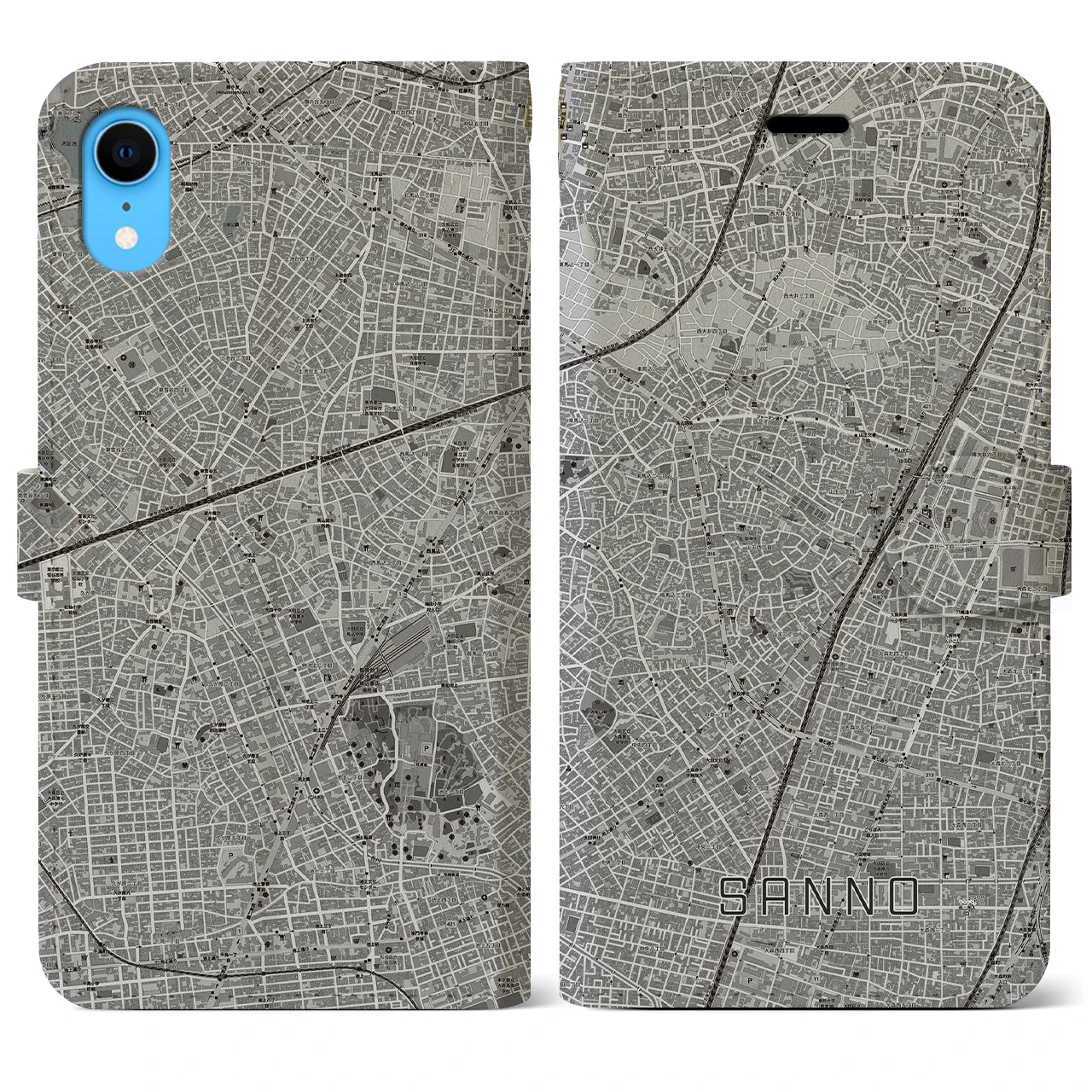 【山王(東京都)】地図柄iPhoneケース(手帳タイプ)モノトーン・iPhone XR 用