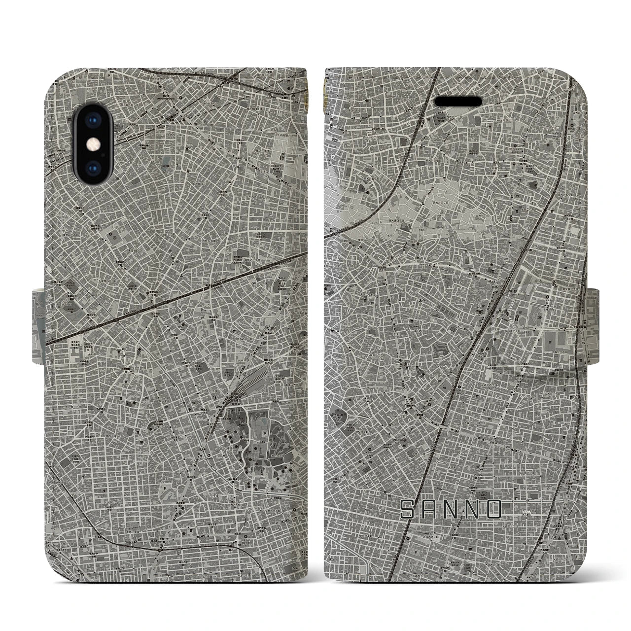 【山王(東京都)】地図柄iPhoneケース(手帳タイプ)モノトーン・iPhone XS / X 用
