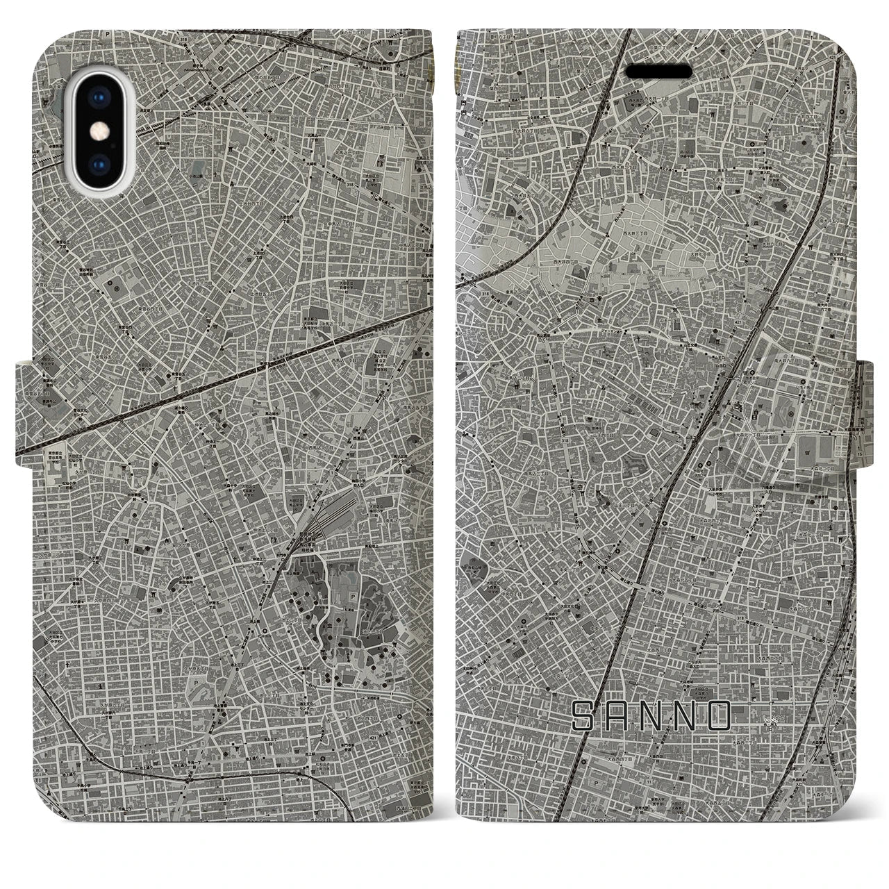 【山王(東京都)】地図柄iPhoneケース(手帳タイプ)モノトーン・iPhone XS Max 用