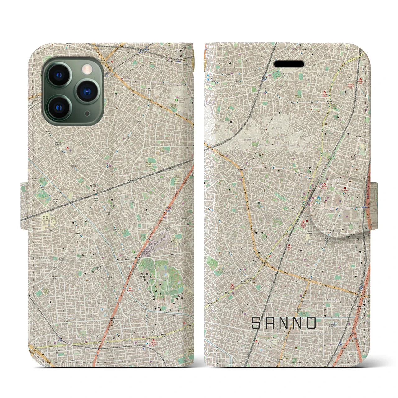 【山王(東京都)】地図柄iPhoneケース(手帳タイプ)ナチュラル・iPhone 11 Pro 用
