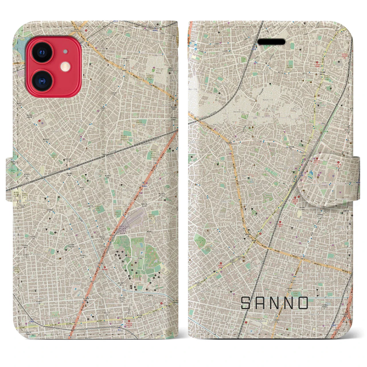 【山王(東京都)】地図柄iPhoneケース(手帳タイプ)ナチュラル・iPhone 11 用