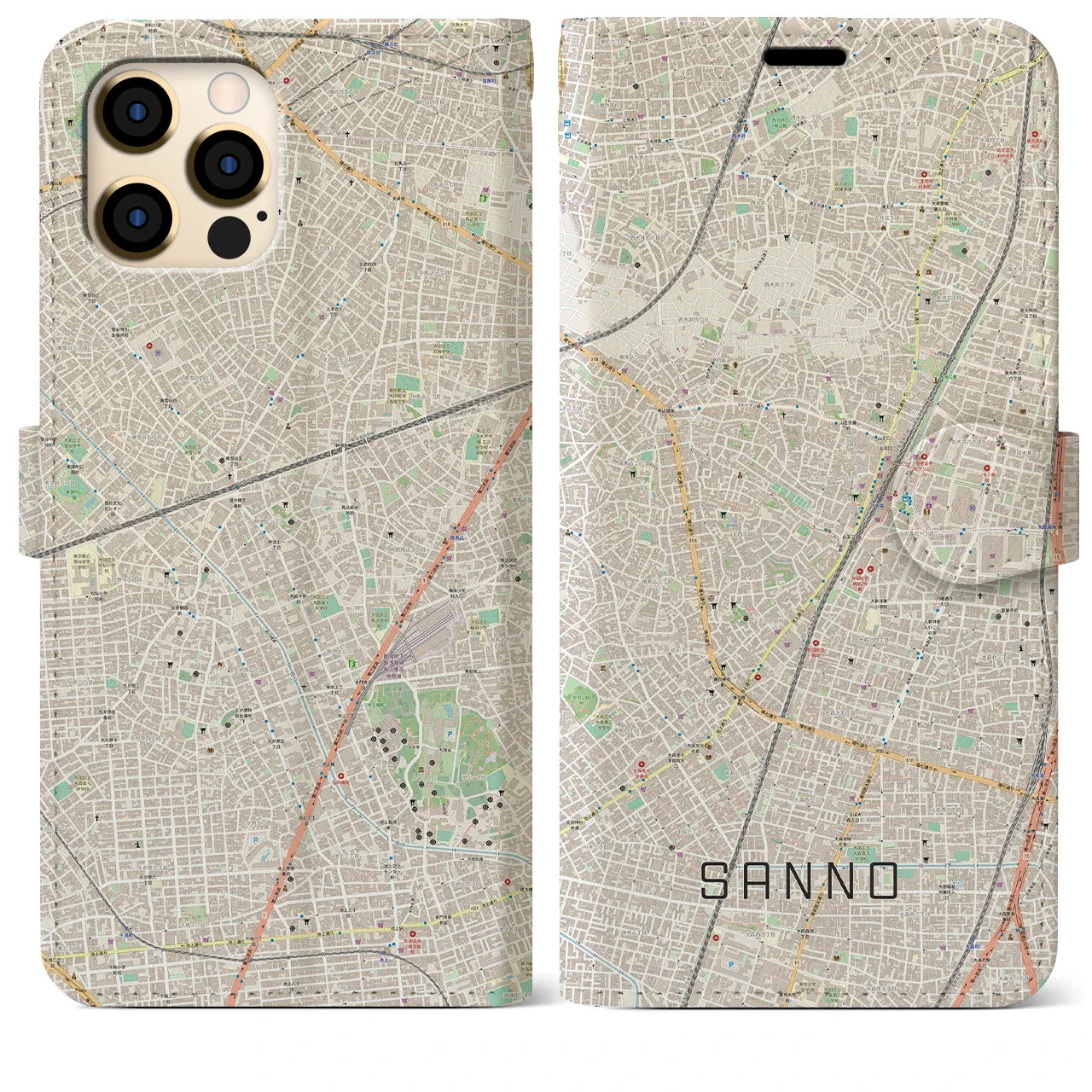 【山王(東京都)】地図柄iPhoneケース(手帳タイプ)ナチュラル・iPhone 12 Pro Max 用