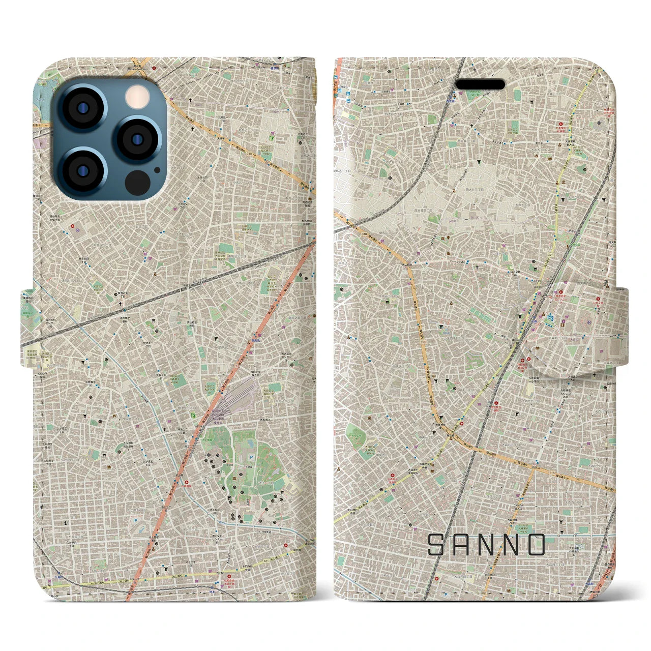 【山王(東京都)】地図柄iPhoneケース(手帳タイプ)ナチュラル・iPhone 12 / 12 Pro 用