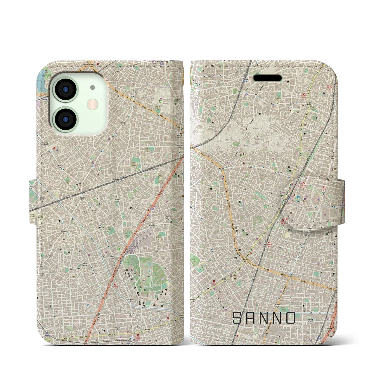 【山王(東京都)】地図柄iPhoneケース(手帳タイプ)ナチュラル・iPhone 12 mini 用
