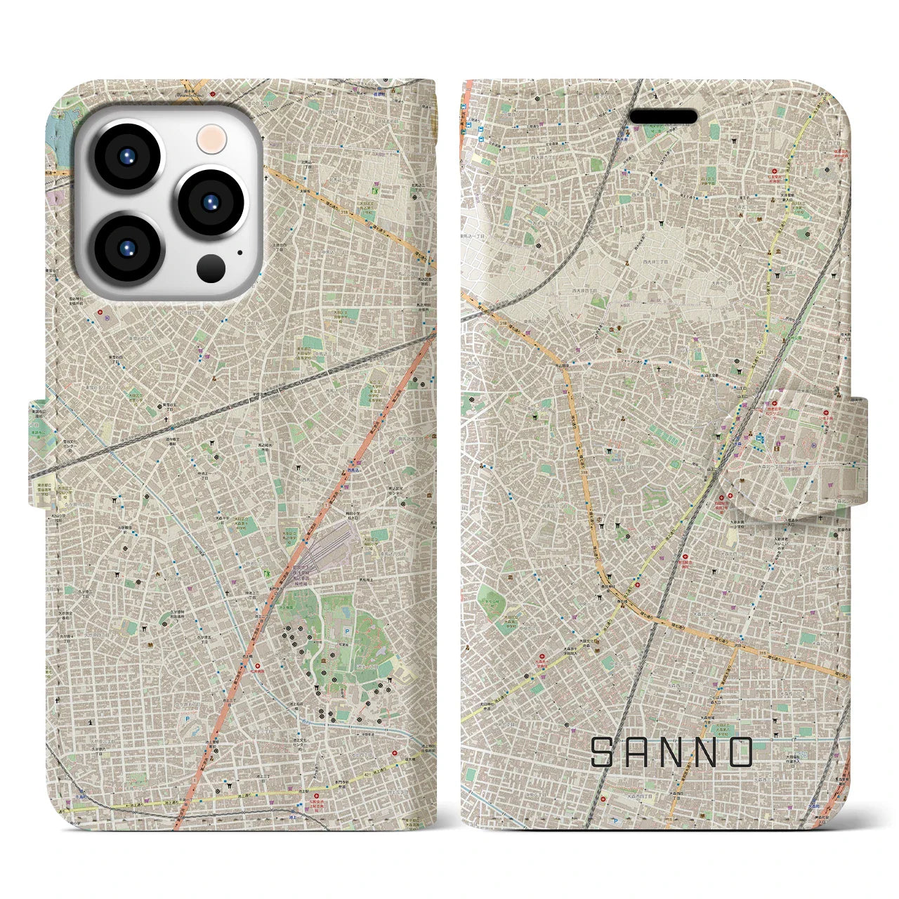 【山王(東京都)】地図柄iPhoneケース(手帳タイプ)ナチュラル・iPhone 13 Pro 用