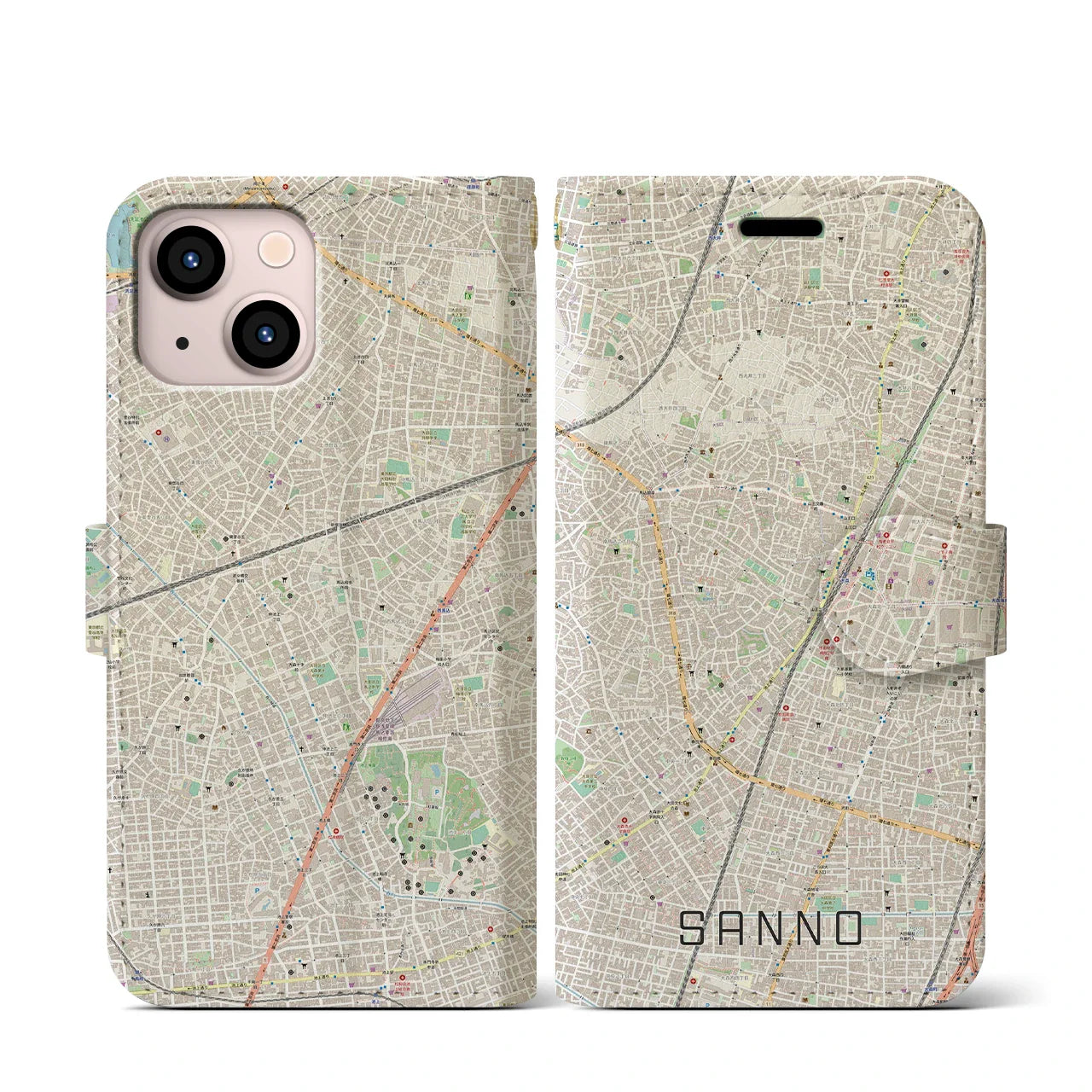 【山王(東京都)】地図柄iPhoneケース(手帳タイプ)ナチュラル・iPhone 13 mini 用