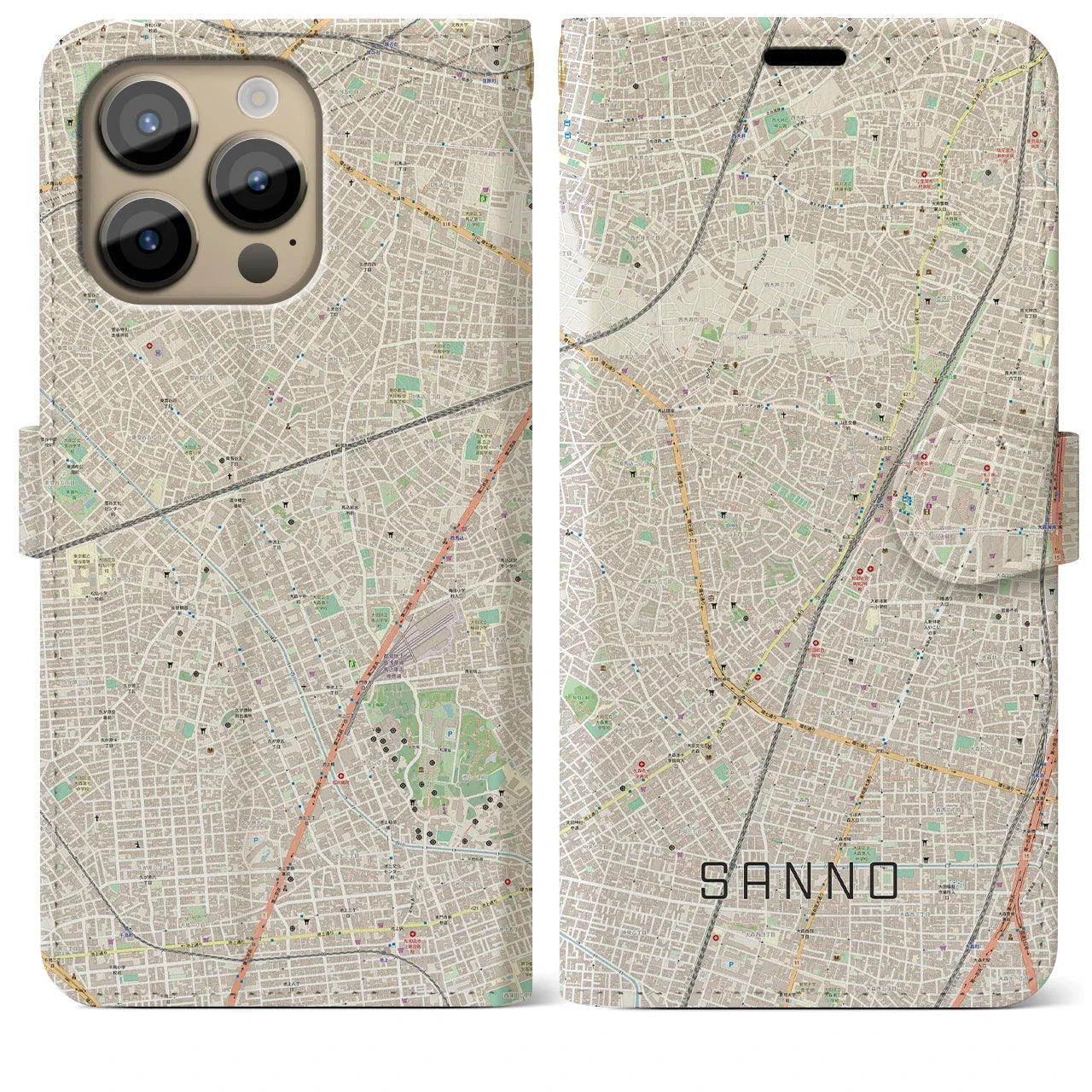 【山王(東京都)】地図柄iPhoneケース(手帳タイプ)ナチュラル・iPhone 14 Pro Max 用