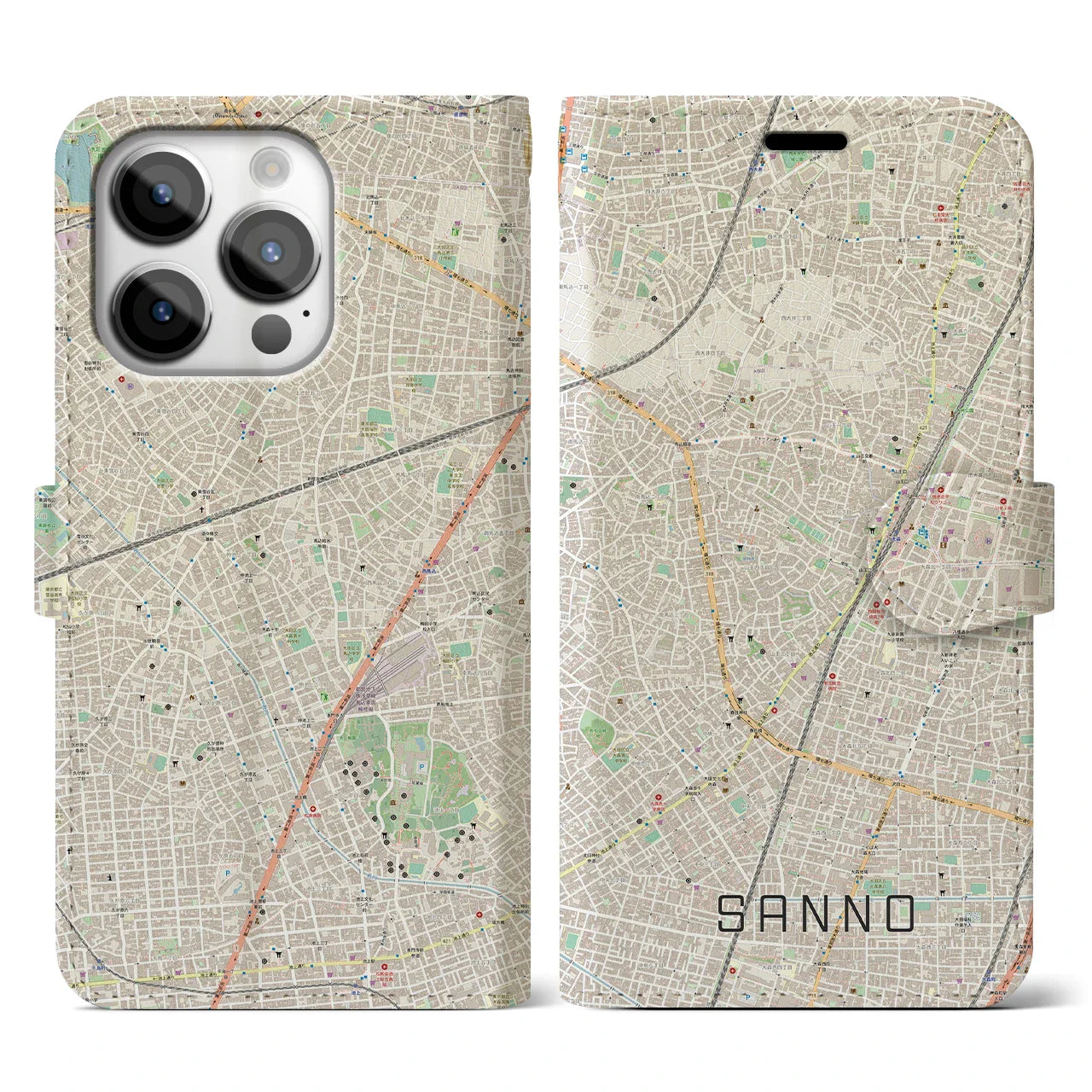 【山王(東京都)】地図柄iPhoneケース(手帳タイプ)ナチュラル・iPhone 14 Pro 用