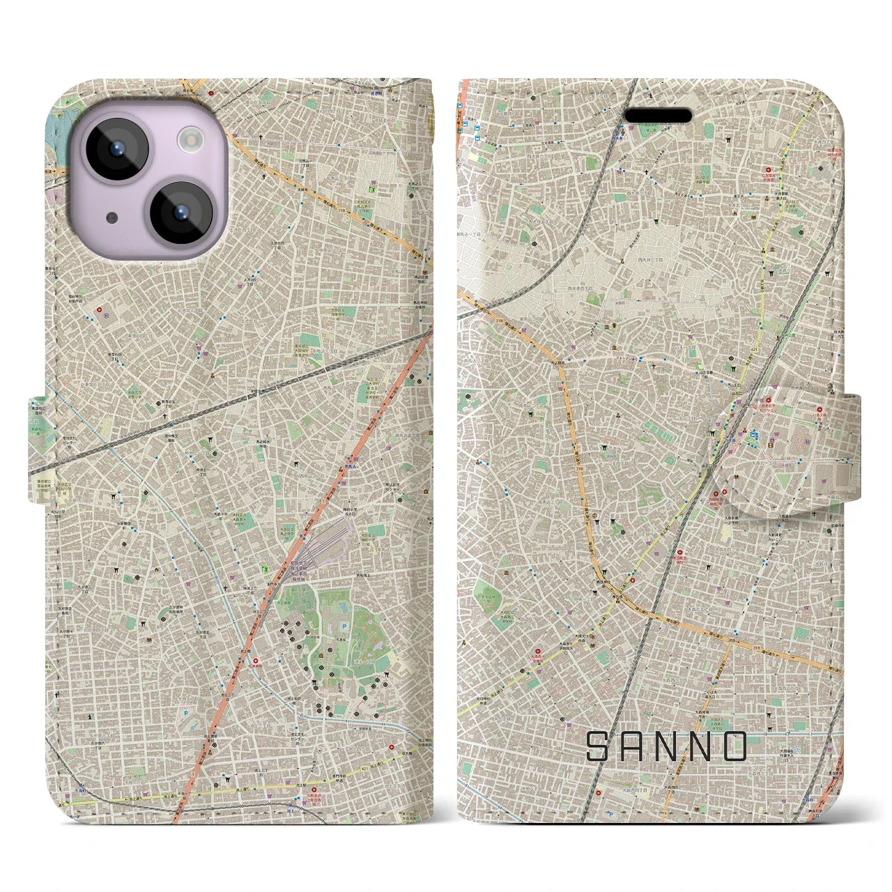 【山王(東京都)】地図柄iPhoneケース(手帳タイプ)ナチュラル・iPhone 14 用