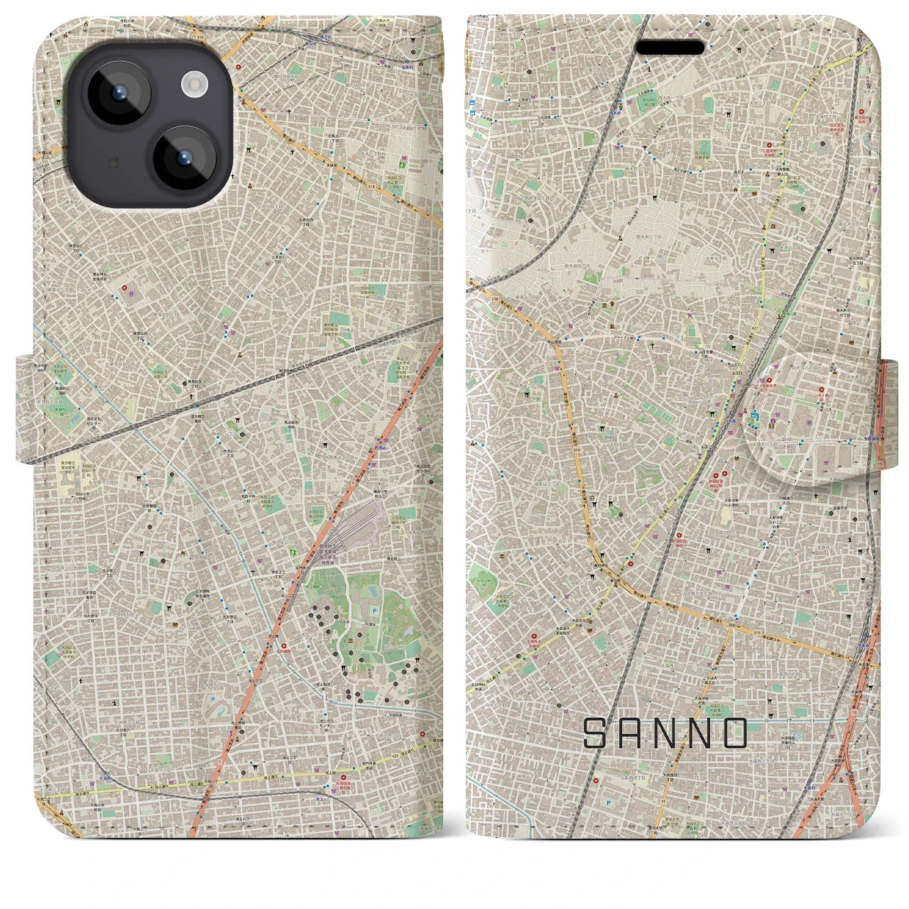 【山王(東京都)】地図柄iPhoneケース(手帳タイプ)ナチュラル・iPhone 14 Plus 用