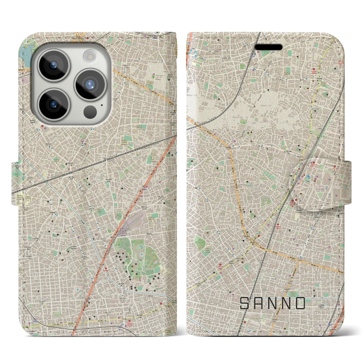 【山王(東京都)】地図柄iPhoneケース(手帳タイプ)ナチュラル・iPhone 15 Pro 用