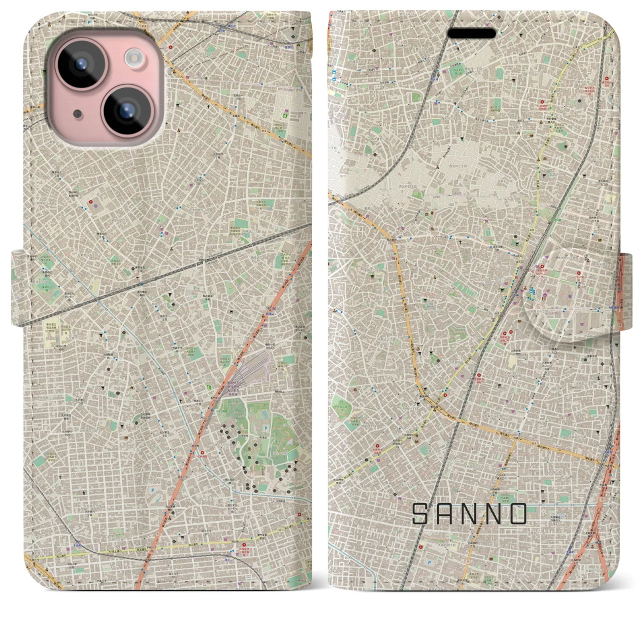 【山王(東京都)】地図柄iPhoneケース(手帳タイプ)ナチュラル・iPhone 15 Plus 用