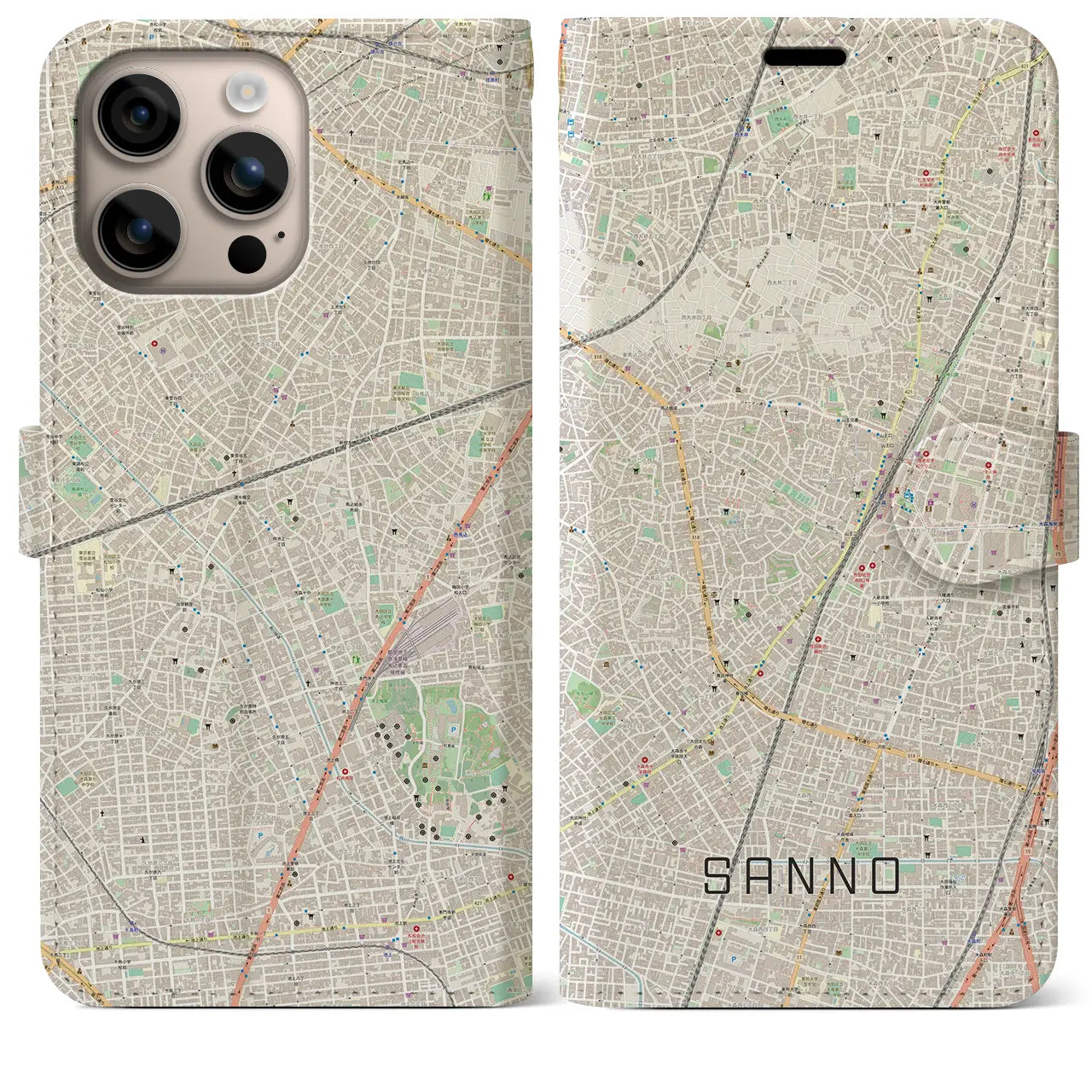 【山王(東京都)】地図柄iPhoneケース(手帳タイプ)ナチュラル・iPhone 16 Plus 用