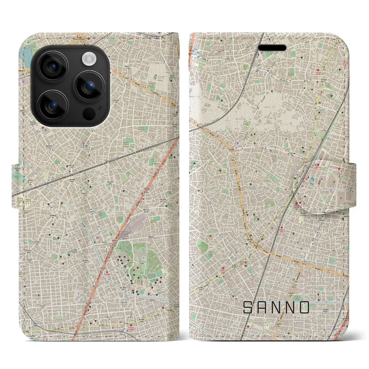 【山王(東京都)】地図柄iPhoneケース(手帳タイプ)ナチュラル・iPhone 16 用