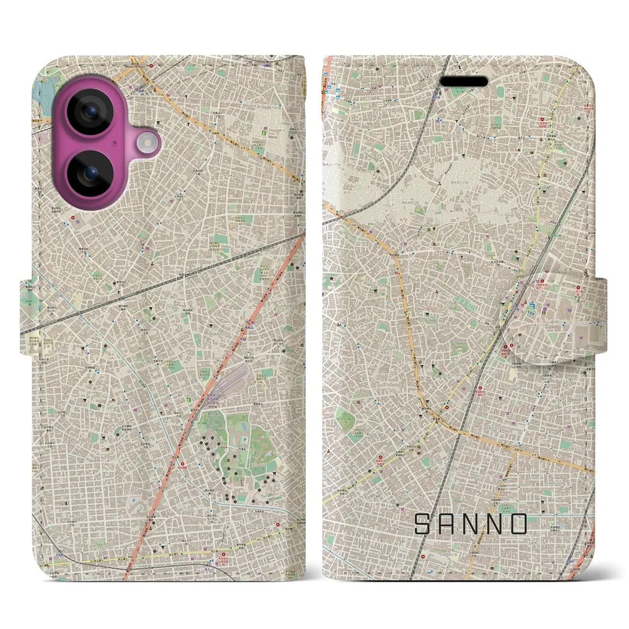 【山王(東京都)】地図柄iPhoneケース(手帳タイプ)ナチュラル・iPhone 16 Pro 用