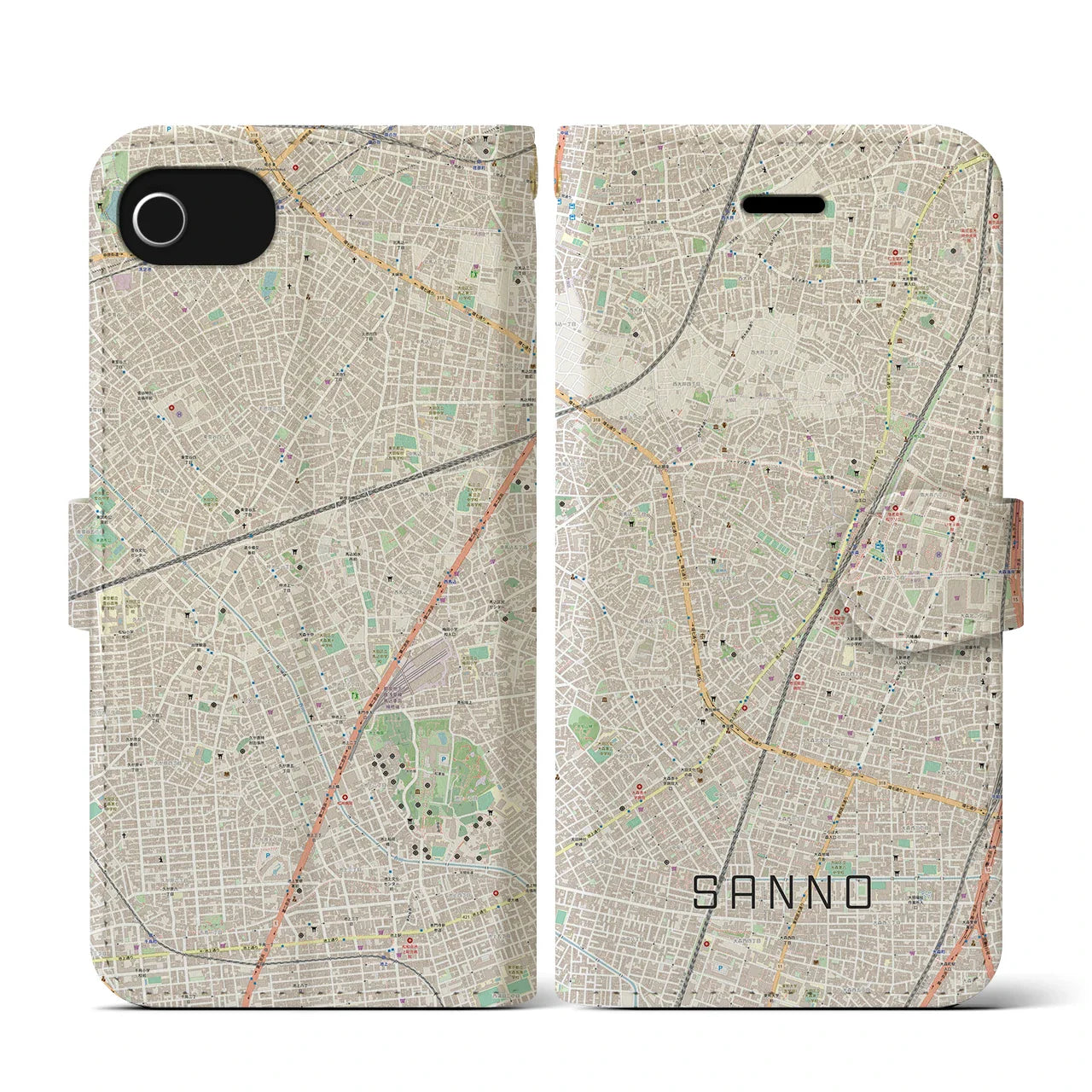 【山王(東京都)】地図柄iPhoneケース(手帳タイプ)ナチュラル・iPhone SE(第3 / 第2世代) / 8 / 7 / 6s / 6 用