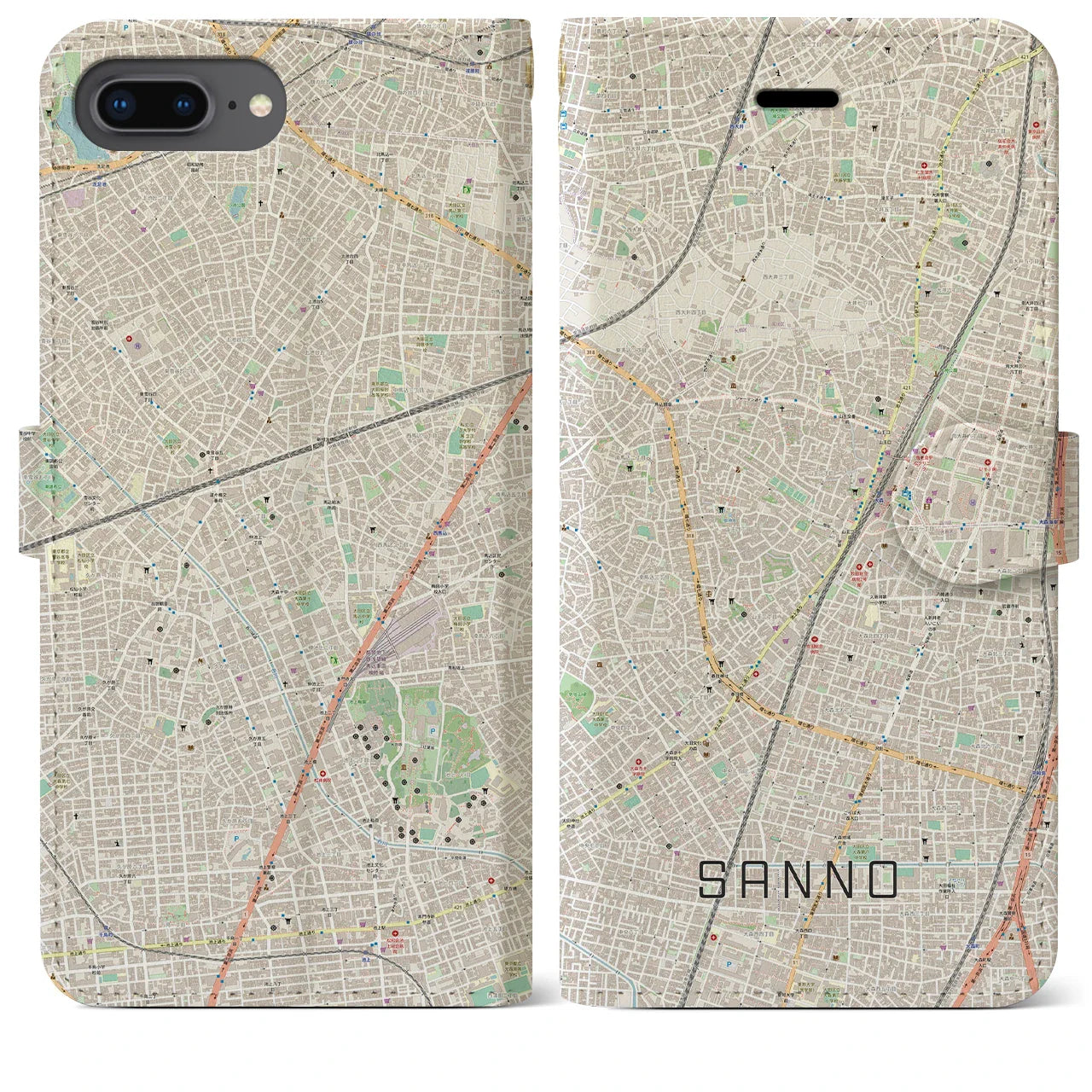 【山王(東京都)】地図柄iPhoneケース(手帳タイプ)ナチュラル・iPhone 8Plus /7Plus / 6sPlus / 6Plus 用