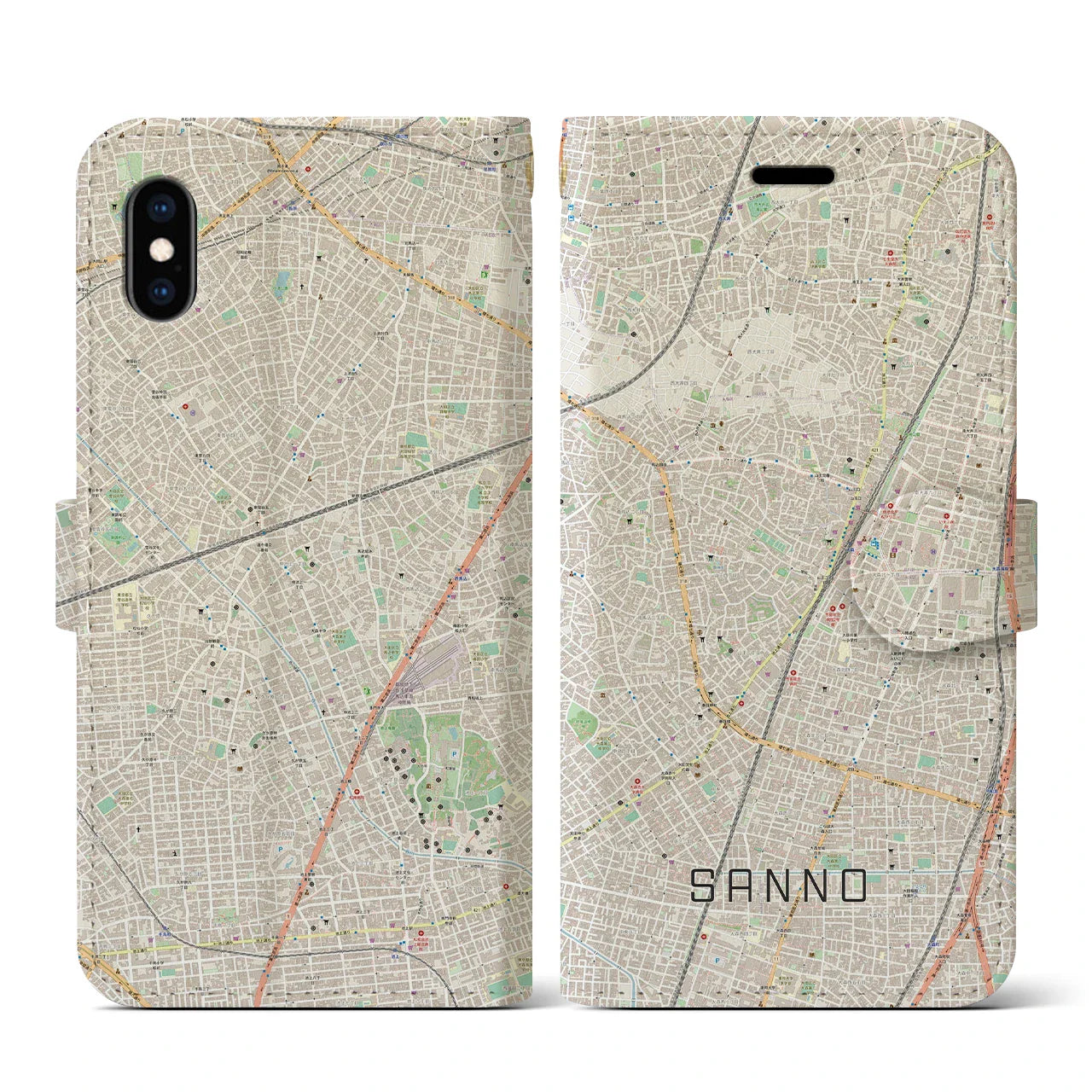 【山王(東京都)】地図柄iPhoneケース(手帳タイプ)ナチュラル・iPhone XS / X 用