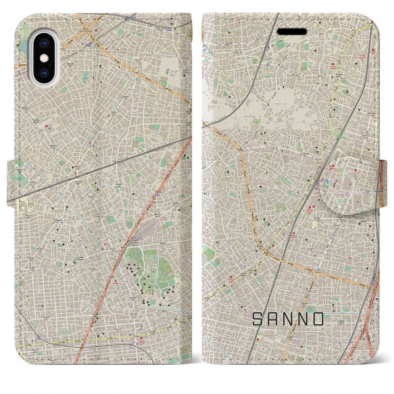 【山王(東京都)】地図柄iPhoneケース(手帳タイプ)ナチュラル・iPhone XS Max 用