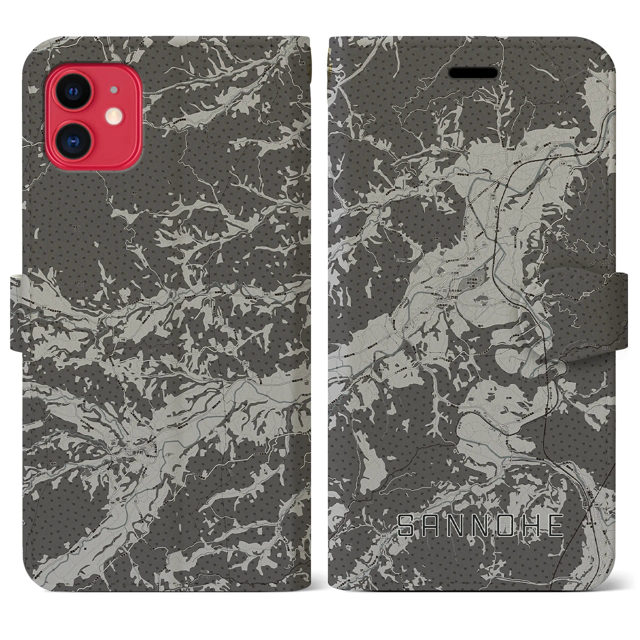 【三戸(青森県)】地図柄iPhoneケース(手帳タイプ)モノトーン・iPhone 11 用