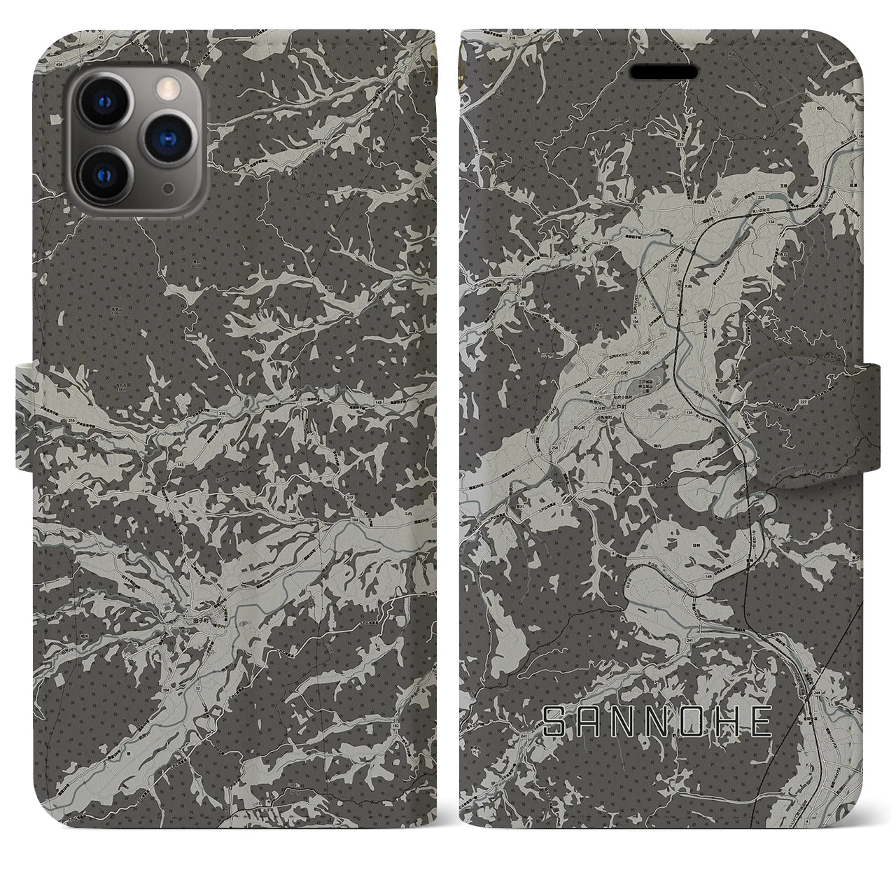 【三戸(青森県)】地図柄iPhoneケース(手帳タイプ)モノトーン・iPhone 11 Pro Max 用