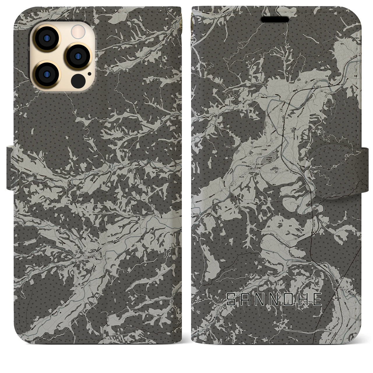 【三戸(青森県)】地図柄iPhoneケース(手帳タイプ)モノトーン・iPhone 12 Pro Max 用