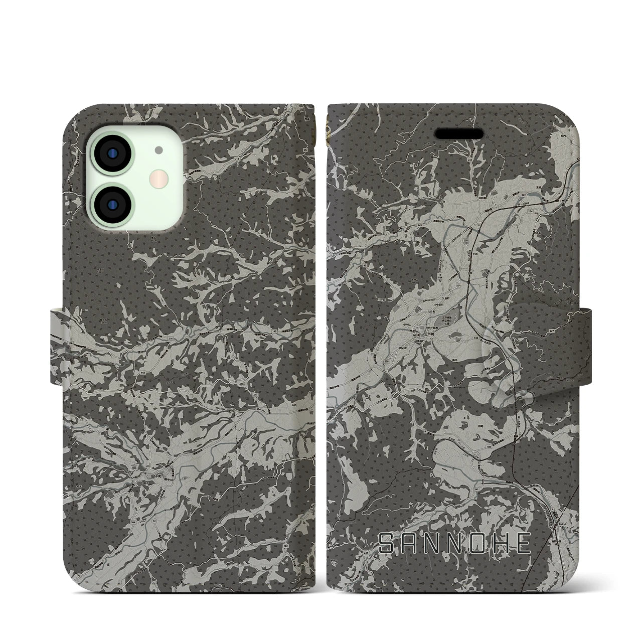 【三戸(青森県)】地図柄iPhoneケース(手帳タイプ)モノトーン・iPhone 12 mini 用
