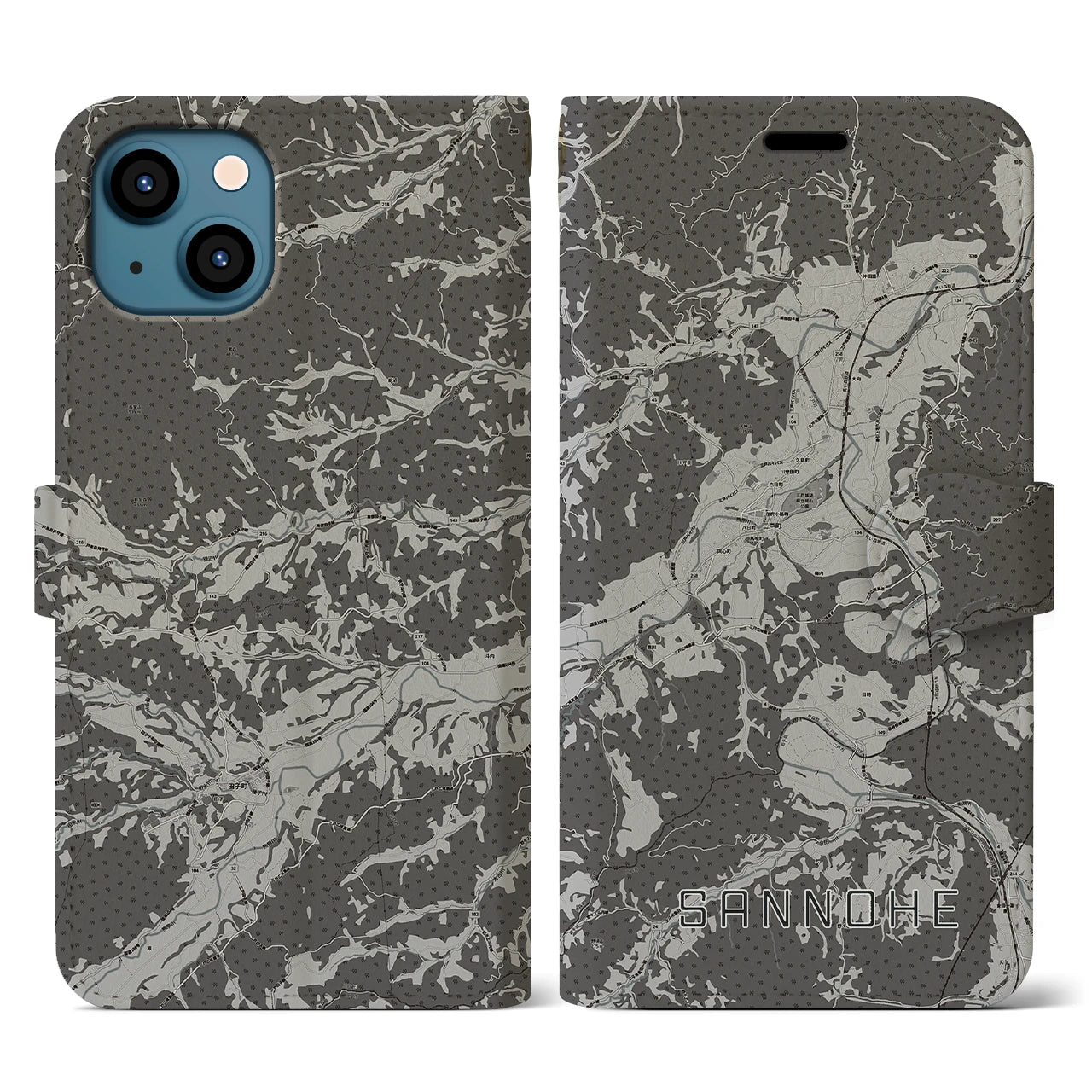 【三戸(青森県)】地図柄iPhoneケース(手帳タイプ)モノトーン・iPhone 13 用