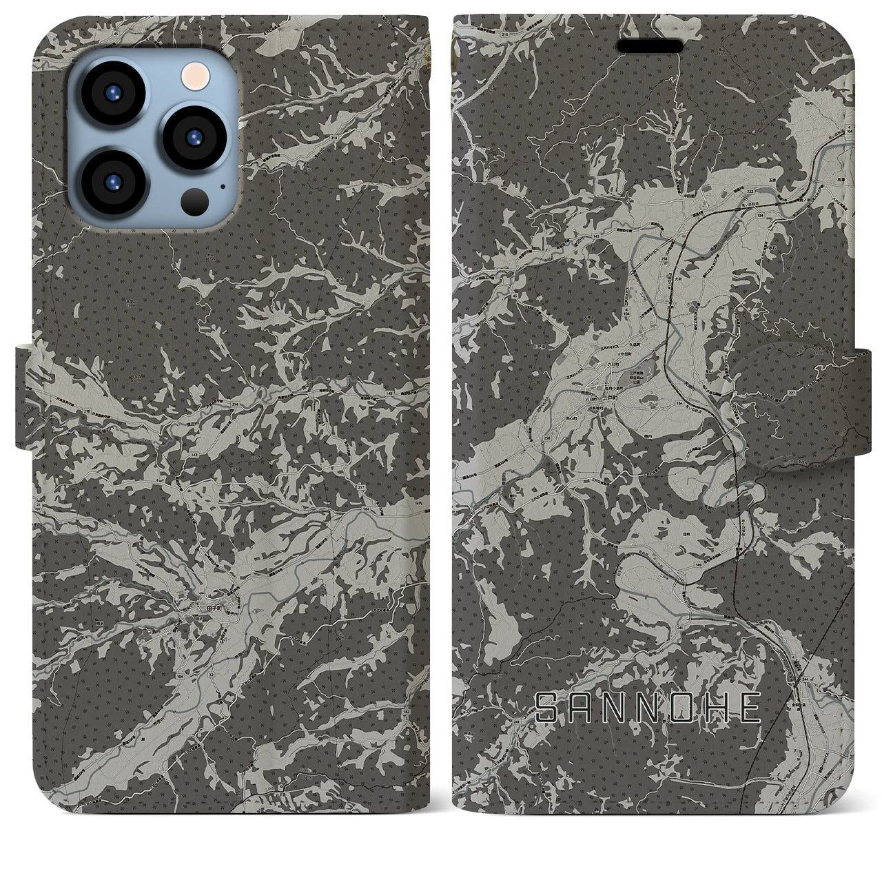 【三戸(青森県)】地図柄iPhoneケース(手帳タイプ)モノトーン・iPhone 13 Pro Max 用