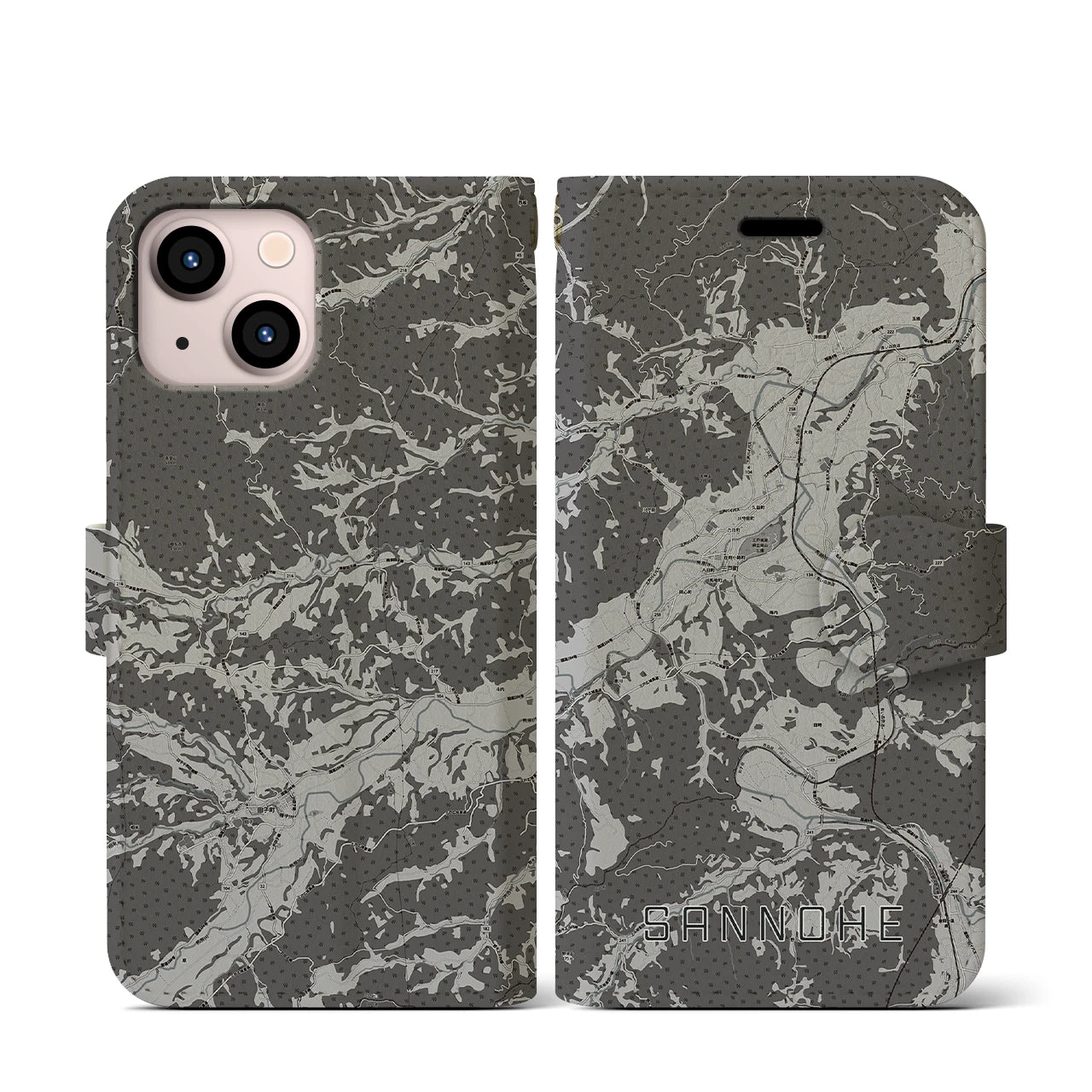 【三戸(青森県)】地図柄iPhoneケース(手帳タイプ)モノトーン・iPhone 13 mini 用