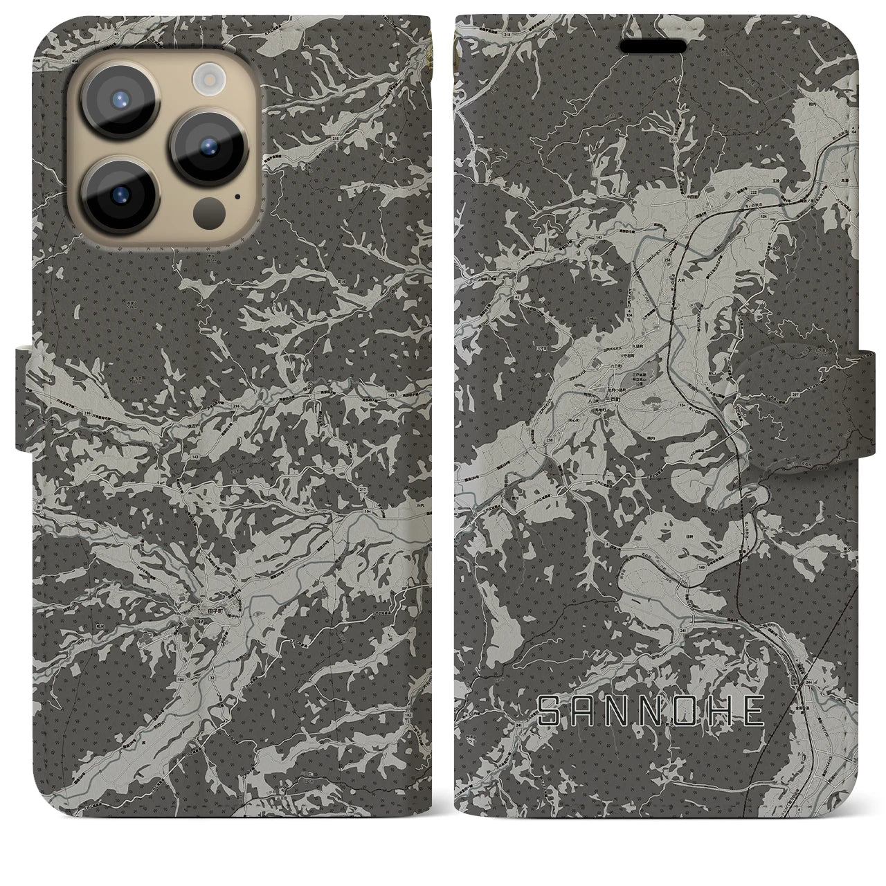 【三戸(青森県)】地図柄iPhoneケース(手帳タイプ)モノトーン・iPhone 14 Pro Max 用