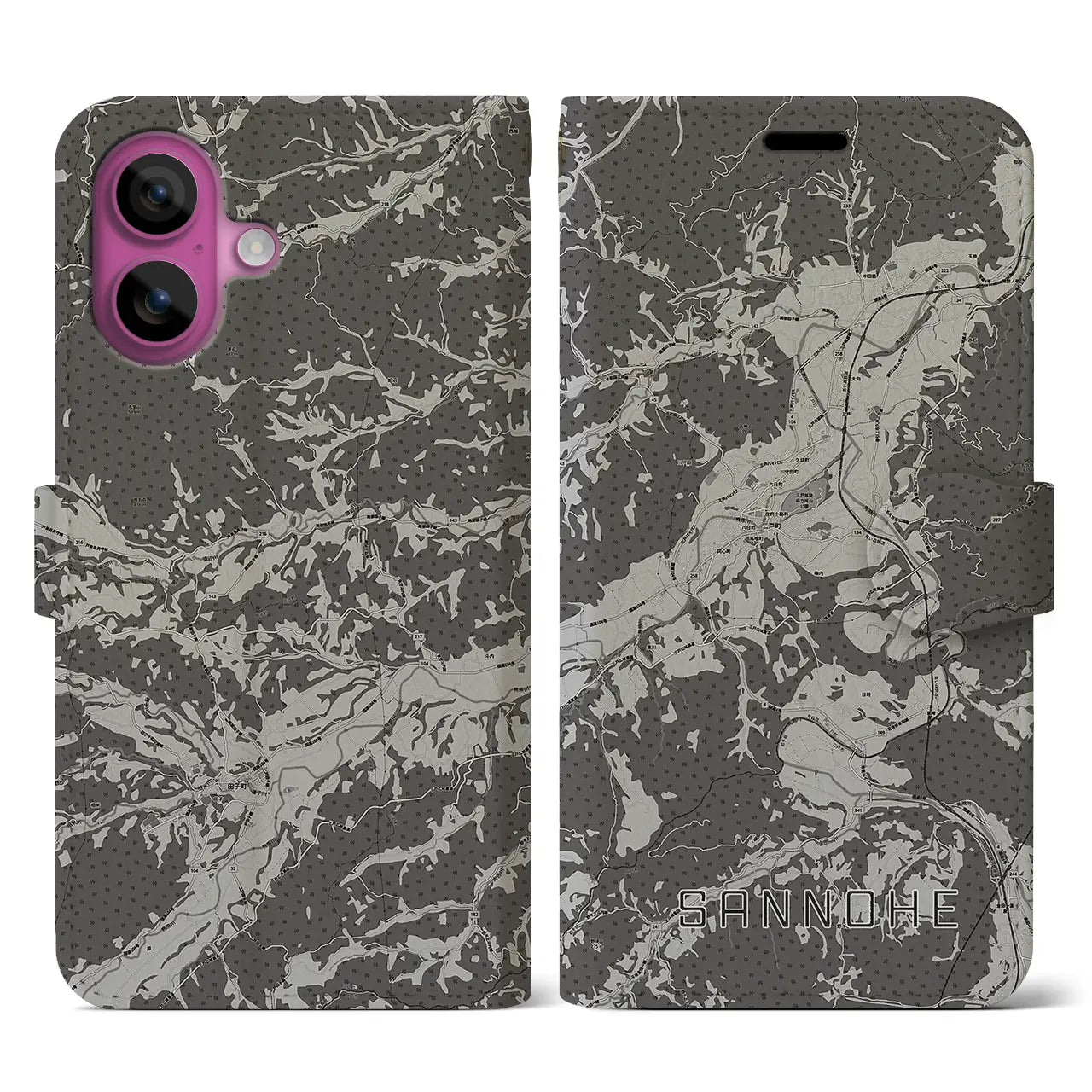 【三戸(青森県)】地図柄iPhoneケース(手帳タイプ)モノトーン・iPhone 16 Pro 用