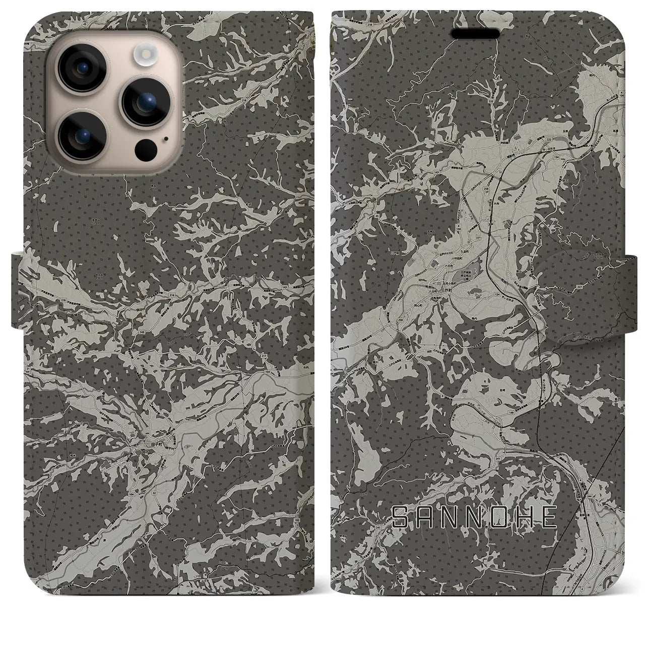 【三戸(青森県)】地図柄iPhoneケース(手帳タイプ)モノトーン・iPhone 16 Plus 用