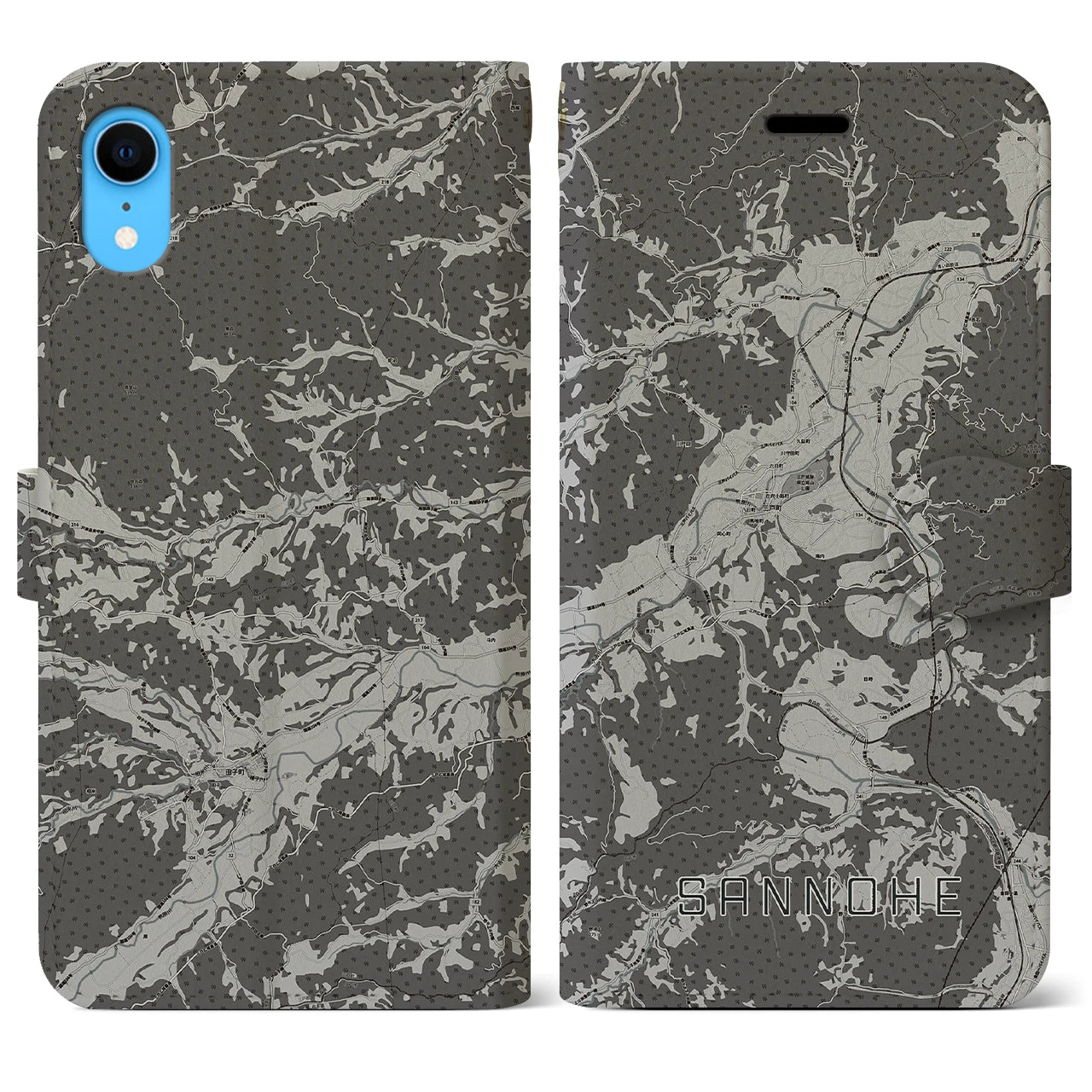 【三戸(青森県)】地図柄iPhoneケース(手帳タイプ)モノトーン・iPhone XR 用