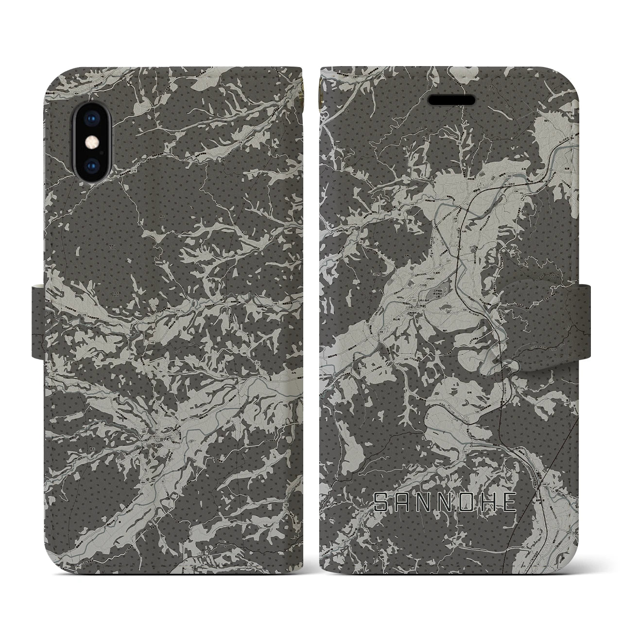 【三戸(青森県)】地図柄iPhoneケース(手帳タイプ)モノトーン・iPhone XS / X 用