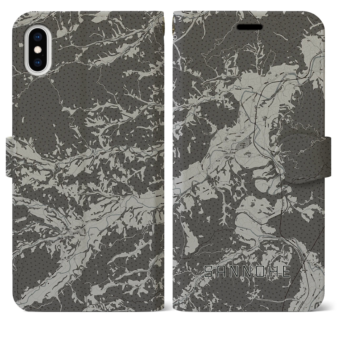 【三戸(青森県)】地図柄iPhoneケース(手帳タイプ)モノトーン・iPhone XS Max 用