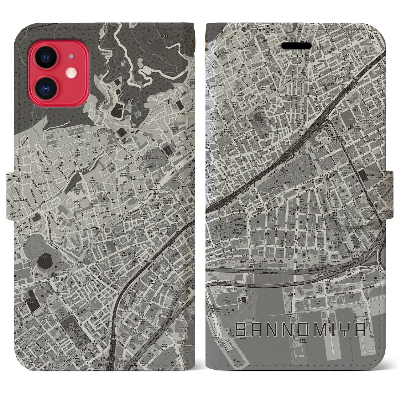 【三宮2(兵庫県)】地図柄iPhoneケース(手帳タイプ)モノトーン・iPhone 11 用