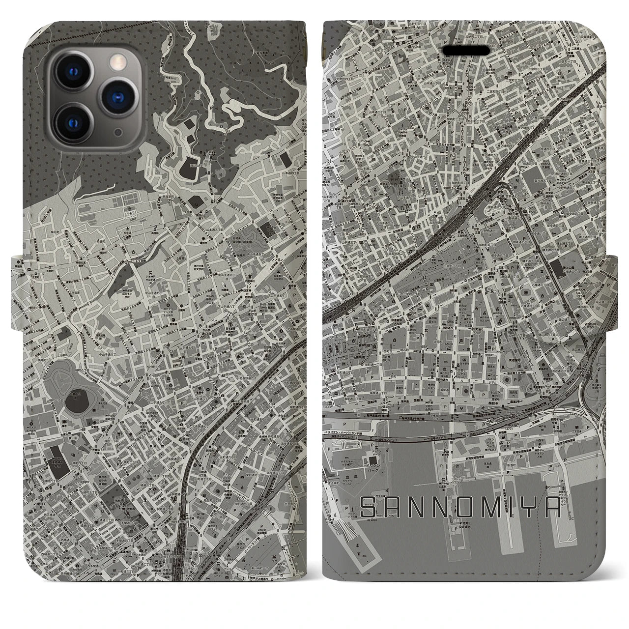 【三宮2(兵庫県)】地図柄iPhoneケース(手帳タイプ)モノトーン・iPhone 11 Pro Max 用